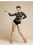 KARLA GEOMETRY long sleeve leotard by Grand Prix polyamide micro+flocked mesh, black+nude, M