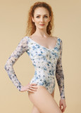 DANIELLE long sleeve leotard by Grand Prix polyamide micro+printed mesh, tivoli blue, M