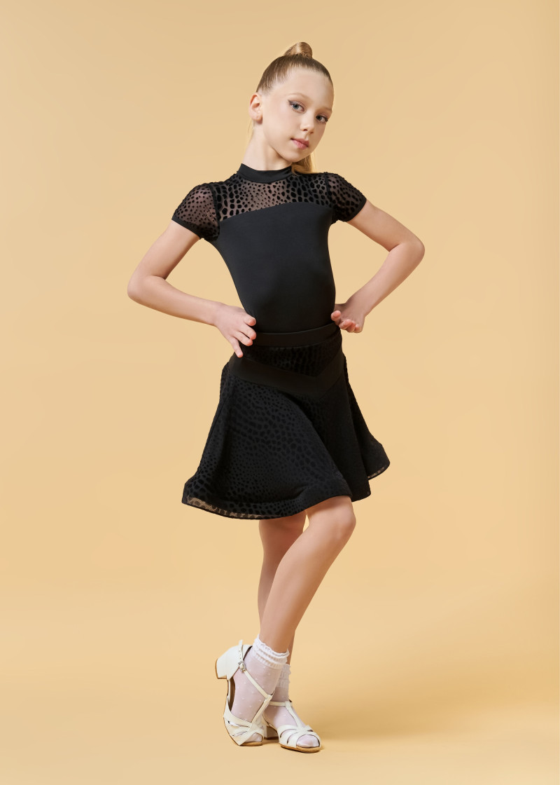 KAREN short sleeve leotard by Grand Prix polyamide micro+flocked mesh, black, 146cm