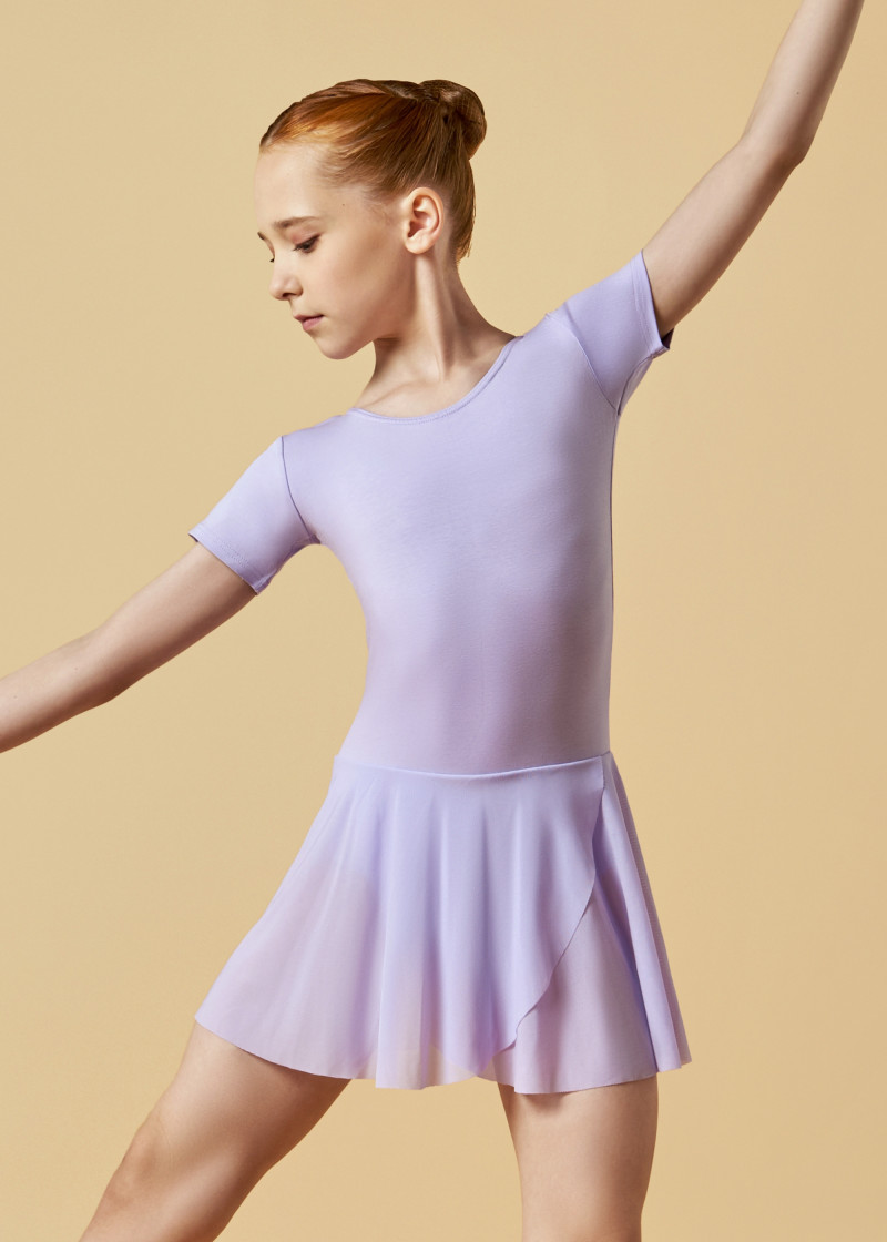 Leotard KLARA, short sleeve, mesh skirt 90%cotton, 10%elastane, light lilac, 128cm