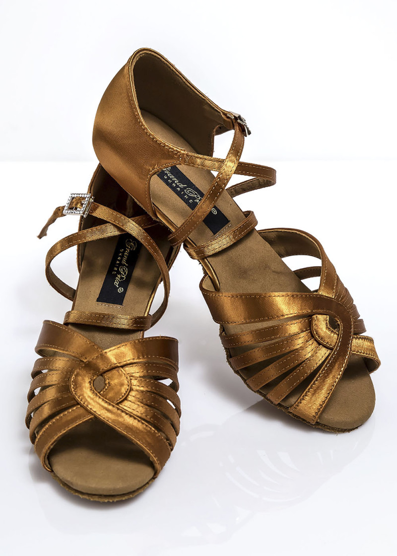 Ladies Latin Shoes Grand Prix LATINOS satin, dark tan, 2"fl, 34