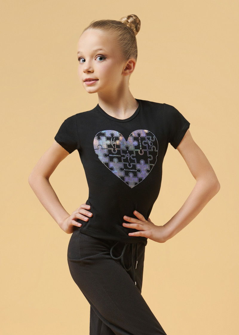 PALOMA t-shirt, "Puzzle heart" by Grand Prix cotton stretch, black+chameleon, 128cm