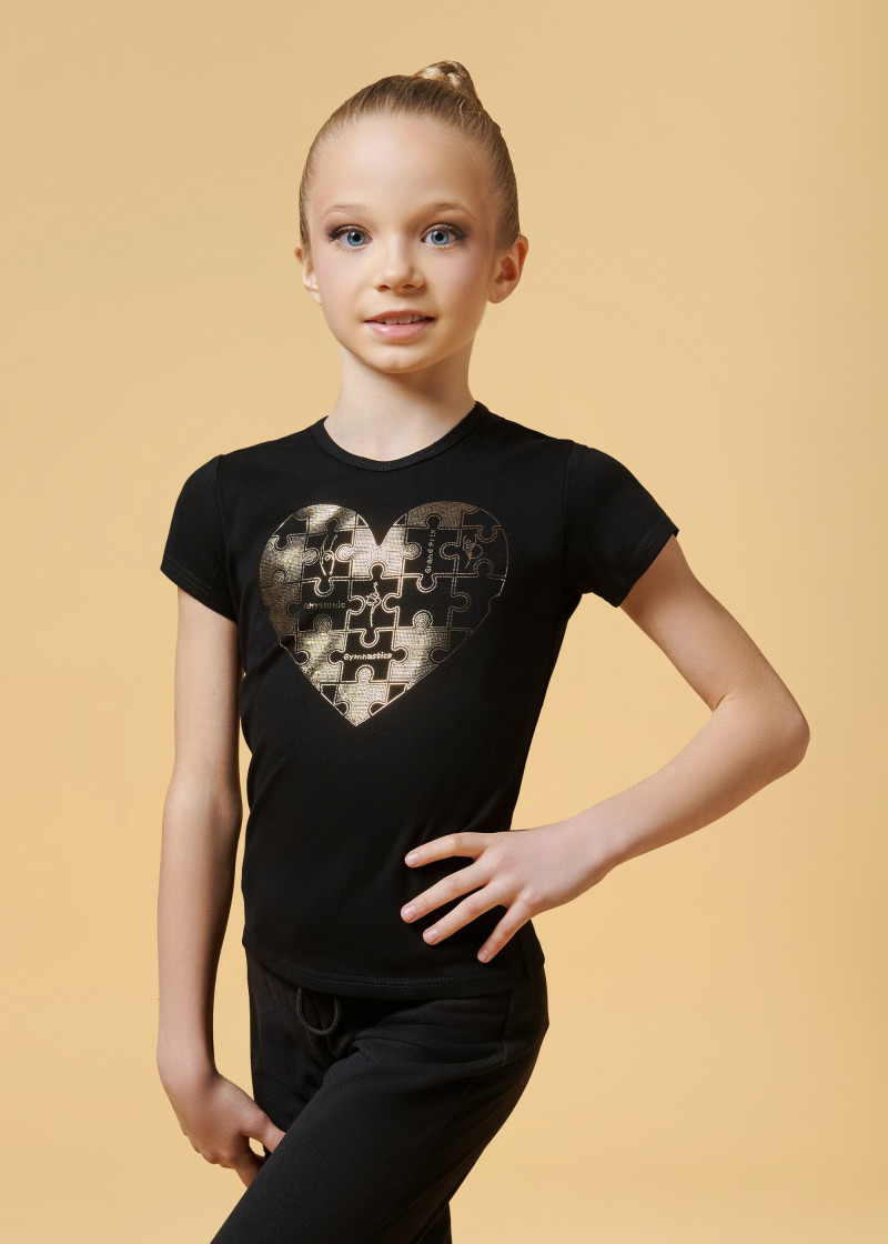 PALOMA t-shirt, "Puzzle heart" by Grand Prix cotton stretch, black+gold, 128cm