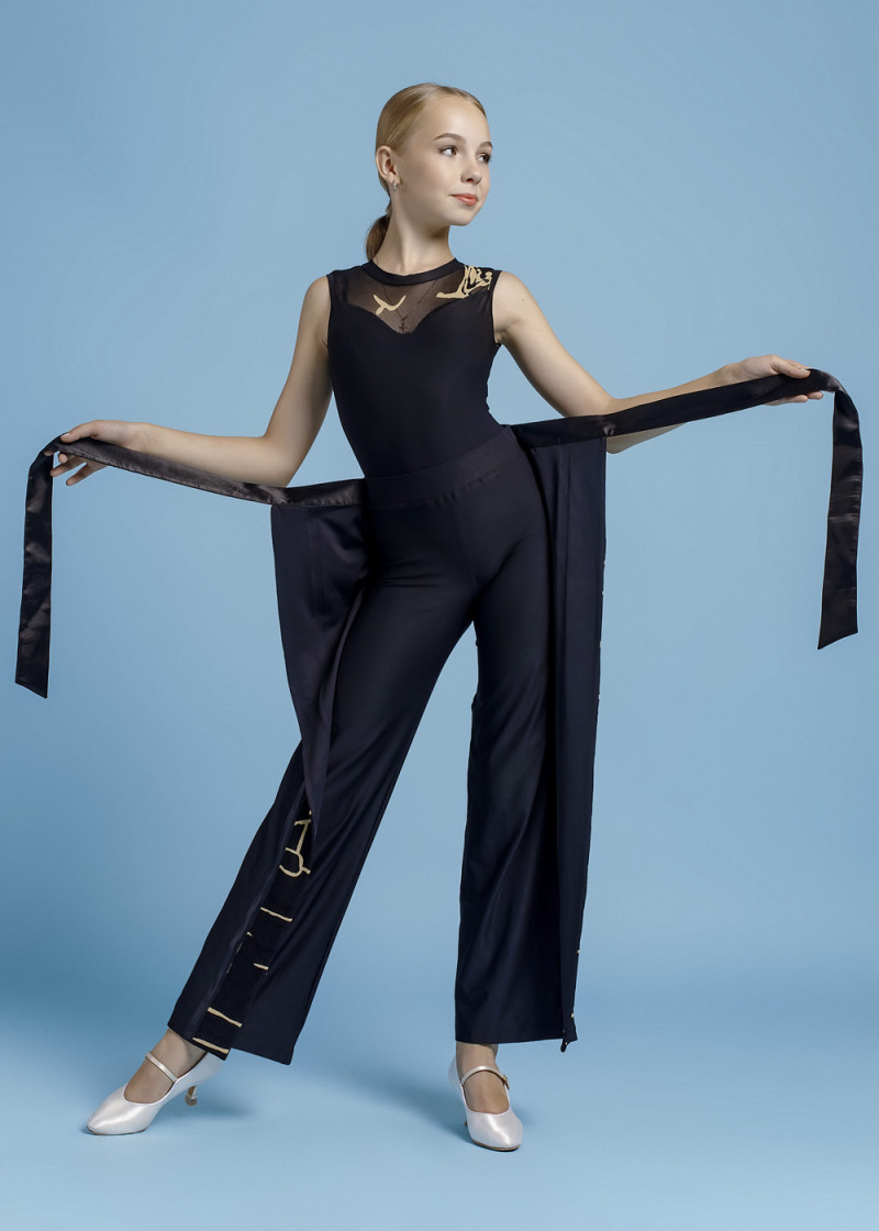 CARLIN straight ballroom pants by Grand Prix polyamide micro+printed mesh, black+nude, 128cm