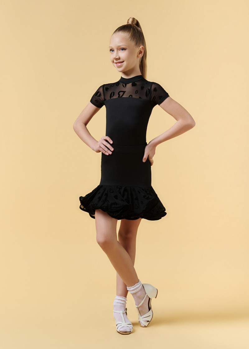 KAREN shot sleeve leotard by Grand Prix polyamide micro+flocked mesh, black, 134cm