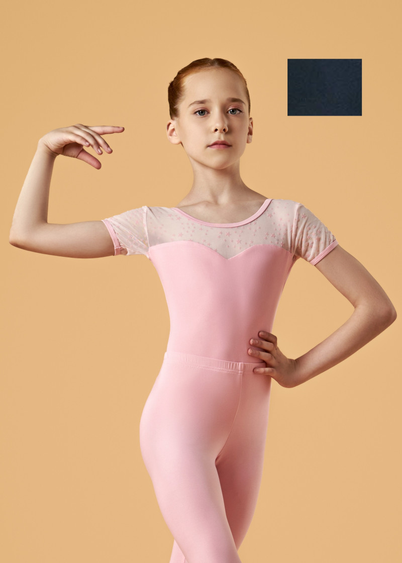 ANTARES short sleeve leotard by Grand Prix polyamide micro+flocked mesh, black, 140cm