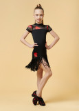 KAREN LIPS shot sleeve leotard by Grand Prix polyamide micro+printed mesh, black+red, 134cm