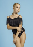 CARDI off-shoulder fringe leotard by Grand Prix 90%polyamide, 10%elastane, black, 122cm