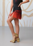 RUMI short fringe latin skirt by Grand Prix polyamide micro+flocked mesh, black+coral, 146cm
