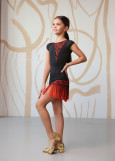 RUMI short fringe latin skirt by Grand Prix polyamide micro+flocked mesh, black+coral, 146cm