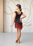 RUMI short fringe latin skirt by Grand Prix polyamide micro+flocked mesh, black+coral, 146cm