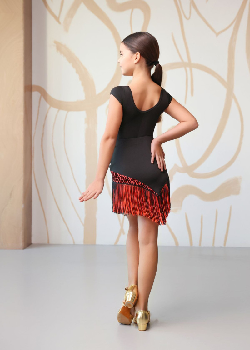 RUMI short fringe latin skirt by Grand Prix polyamide micro+flocked mesh, black+coral, 146cm