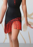 RUMI short fringe latin skirt by Grand Prix polyamide micro+flocked mesh, black+coral, 146cm