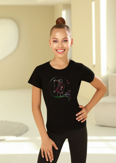 PALOMA T-shirt, gymnast with a clubs by Grand Prix cotton stretch, black, 122cm