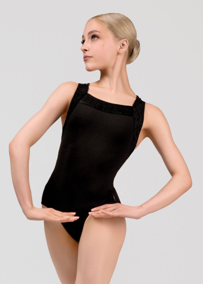 STELLA wide straps leotard by Grand Prix nylon+velour, black, L