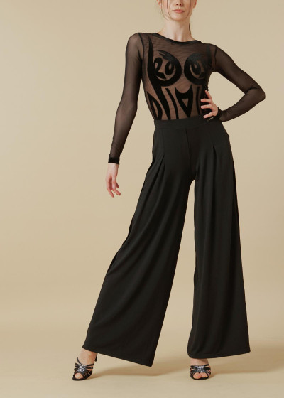 SUZETTE wide ballroom dance pants by Grand Prix polyamide micro+velour, black+black, S