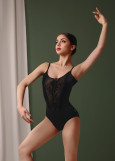 BLAIRE camisole leotard by Grand Prix nylon+flocked mesh, black, M