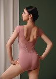 AURORA short sleeve leotard by Grand Prix nylon+flocked mesh, nostalgia rose, S
