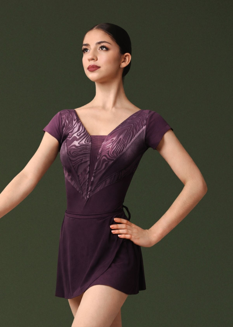 AURORA short sleeve leotard by Grand Prix nylon+flocked mesh, berry smoothie, S