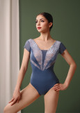 AURORA short sleeve leotard by Grand Prix nylon+flocked mesh, moonlight blue, XS