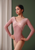 ALBA long sleeve leotard by Grand Prix nylon+flocked mesh, nostalgia rose, S