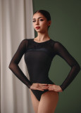 DANETTE long sleeve leotard by Grand Prix nylon+flocked mesh, black, M