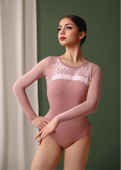 DANETTE long sleeve leotard by Grand Prix nylon+flocked mesh, nostalgia rose, S