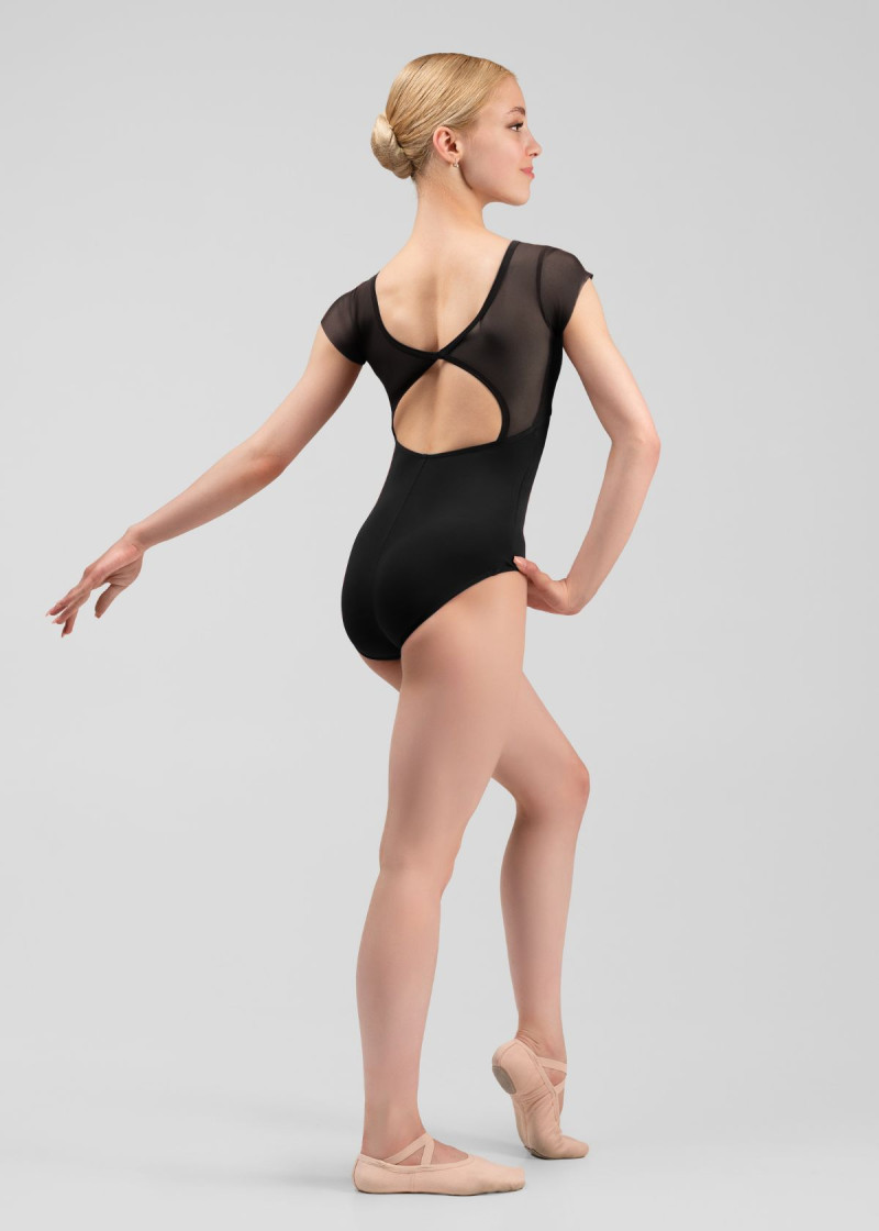 LEIA short sleeve leotard by Grand Prix nylon+mesh, black, XS
