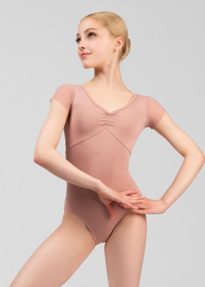 LEIA short sleeve leotard by Grand Prix nylon+mesh, corall almond, L