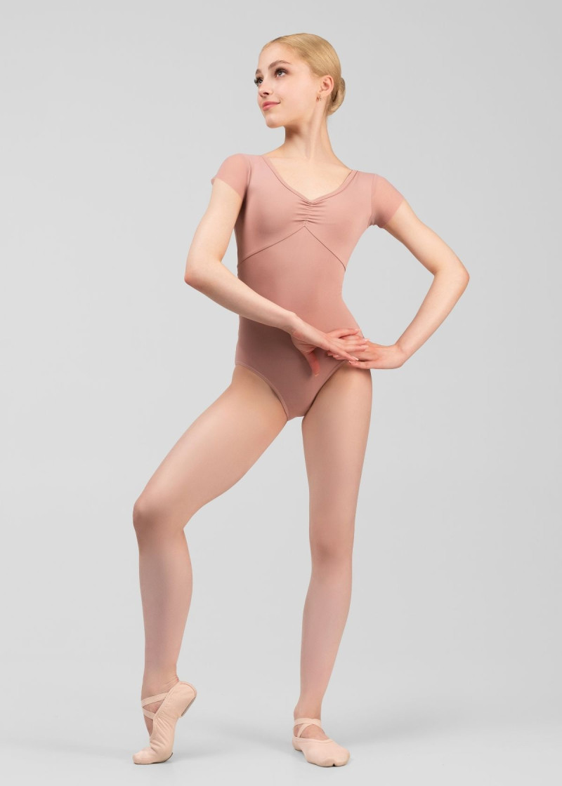 LEIA short sleeve leotard by Grand Prix nylon+mesh, corall almond, XS