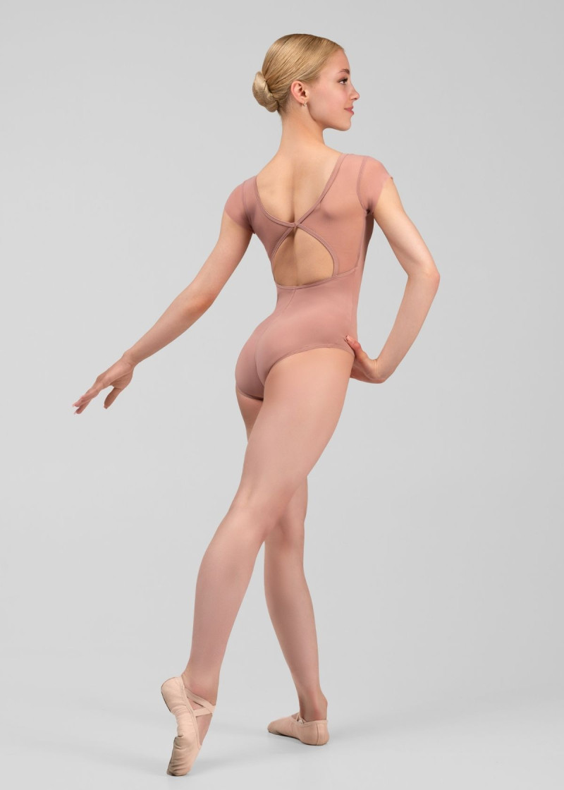 LEIA short sleeve leotard by Grand Prix nylon+mesh, corall almond, XS