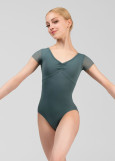 LEIA short sleeve leotard by Grand Prix nylon+mesh, green lake, L