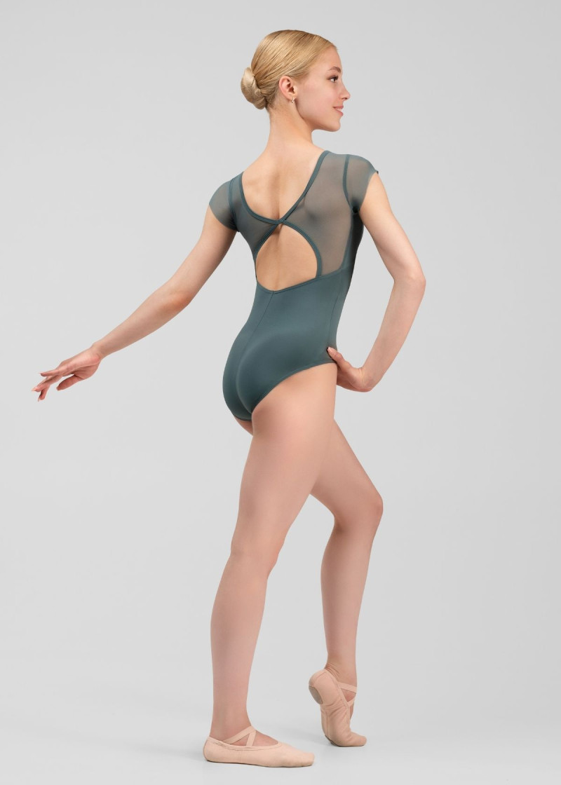 LEIA short sleeve leotard by Grand Prix nylon+mesh, green lake, L