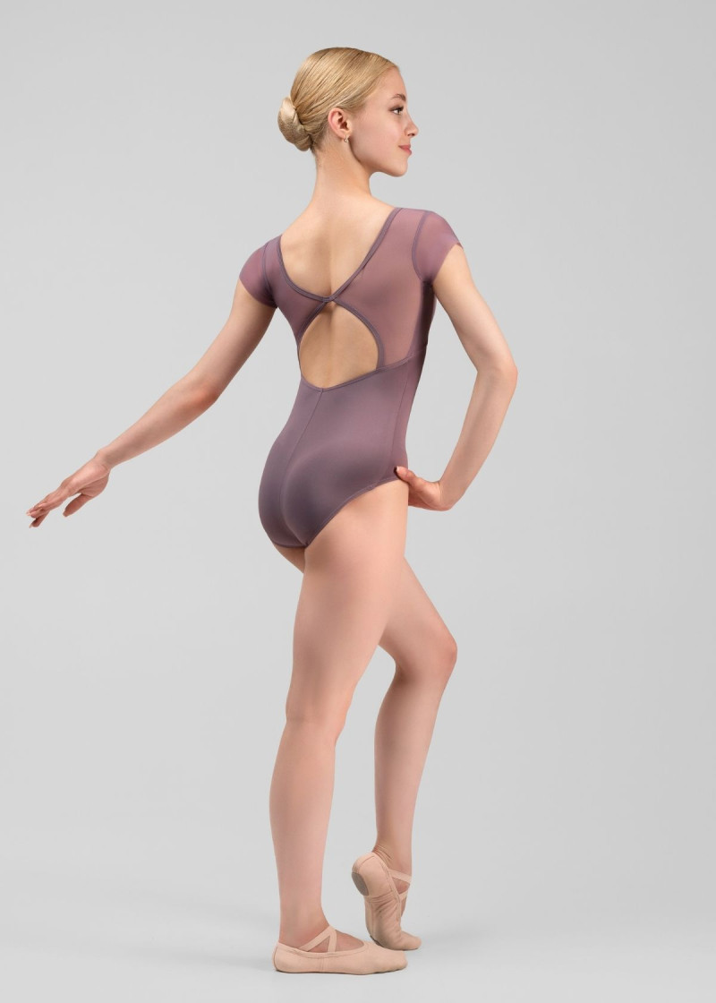 LEIA short sleeve leotard by Grand Prix nylon+mesh, vintage violet, L