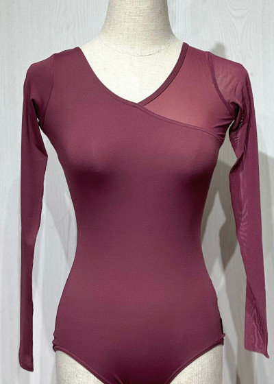 GRETA long sleeve leotard by Grand Prix nylon+mesh, italian plum, M