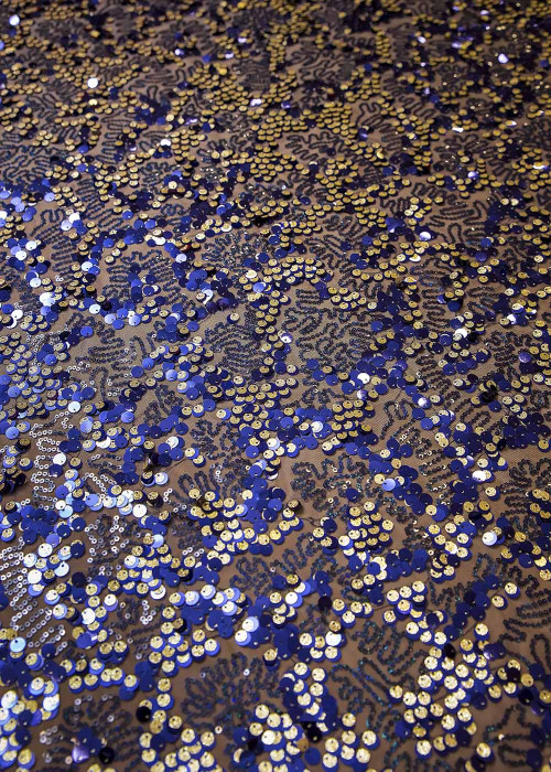 Sequin on net CLAIRE 60%polyamide, 40%elastane, dark blue-gold, 1.3m